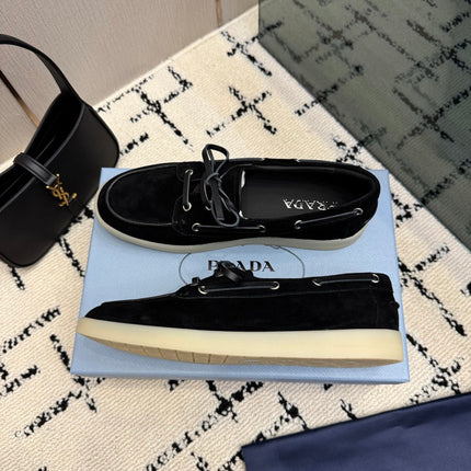 PRADA 26S LOAFERS IN BLACK SUEDE WITH RUBBER SOLE