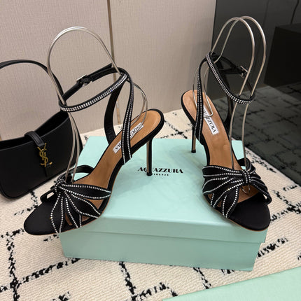 AQUAZZURA 26S HEEL SANDALS 105 MM IN BLACK SATIN RHINESTONE