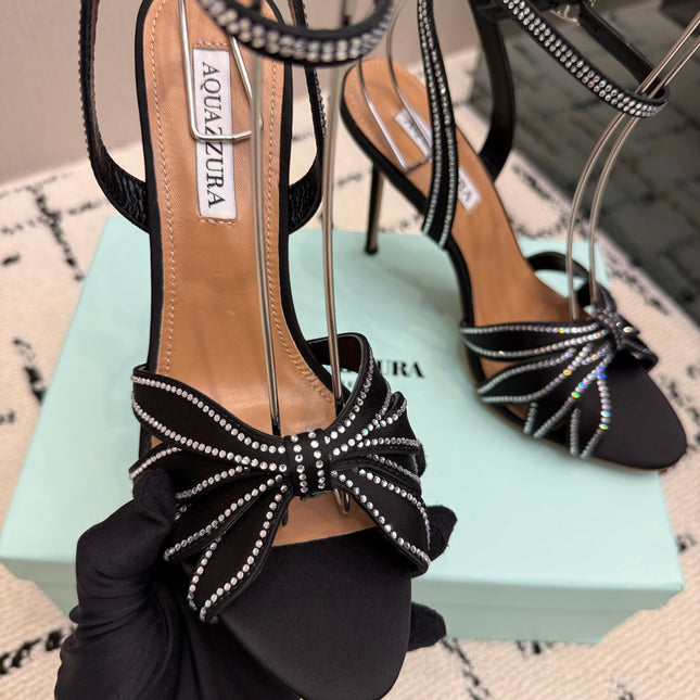 AQUAZZURA 26S HEEL SANDALS 105 MM IN BLACK SATIN RHINESTONE