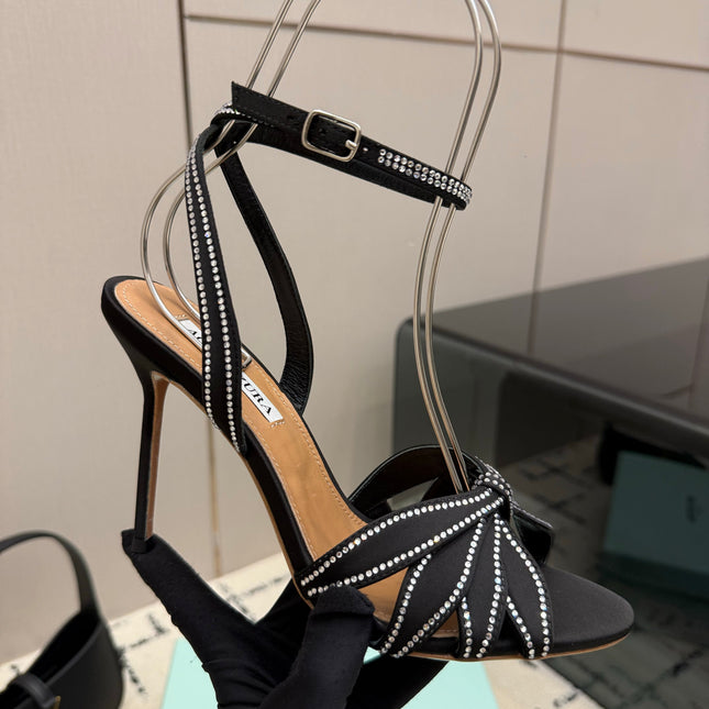 AQUAZZURA 26S HEEL SANDALS 105 MM IN BLACK SATIN RHINESTONE