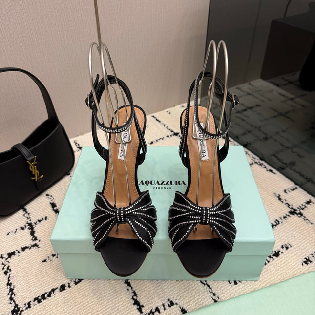 AQUAZZURA 26S HEEL SANDALS 105 MM IN BLACK SATIN RHINESTONE