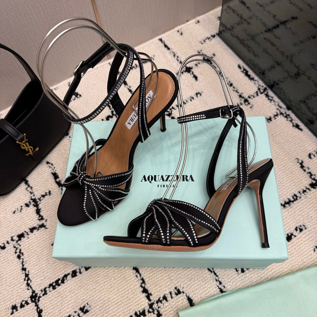 AQUAZZURA 26S HEEL SANDALS 105 MM IN BLACK SATIN RHINESTONE
