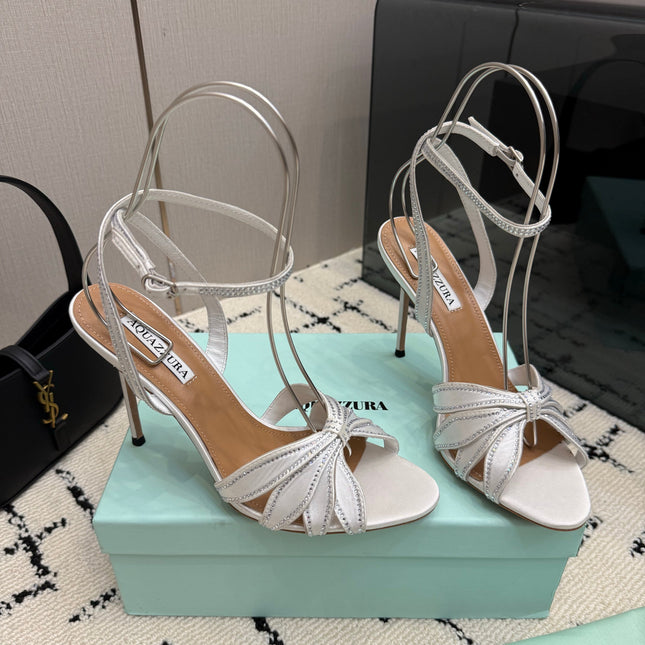 AQUAZZURA 26S HEEL SANDALS 105 MM IN SILVER SATIN RHINESTONE
