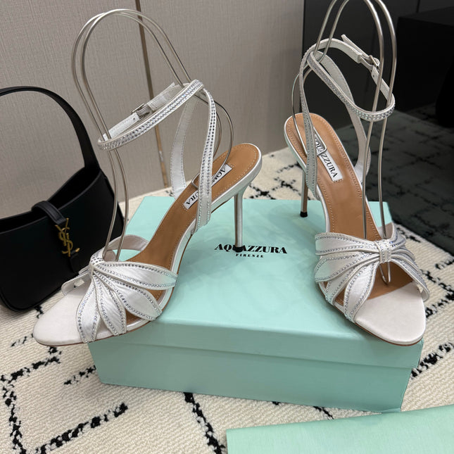 AQUAZZURA 26S HEEL SANDALS 105 MM IN SILVER SATIN RHINESTONE