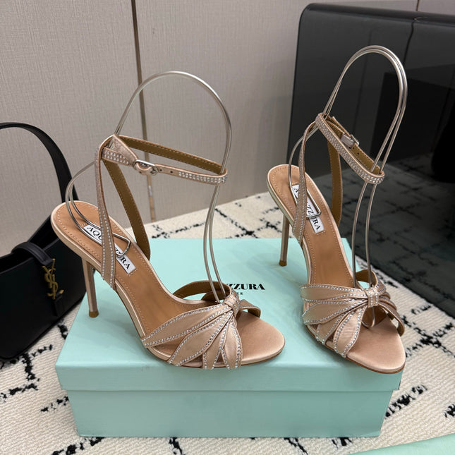 AQUAZZURA 26S HEEL SANDALS 105 MM IN BEIGE SATIN RHINESTONE