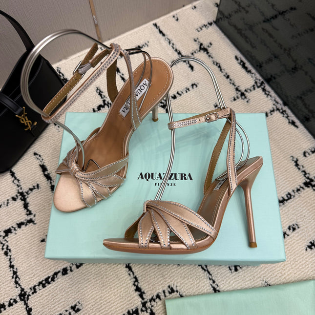 AQUAZZURA 26S HEEL SANDALS 105 MM IN BEIGE SATIN RHINESTONE