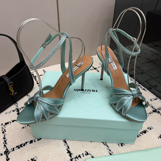 AQUAZZURA 26S HEEL SANDALS 105 MM IN MINT GREEN SATIN RHINESTONE