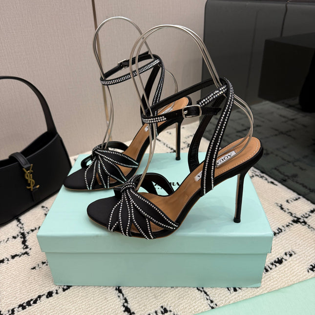 AQUAZZURA 26S HEEL SANDALS 105 MM IN BLACK SATIN RHINESTONE