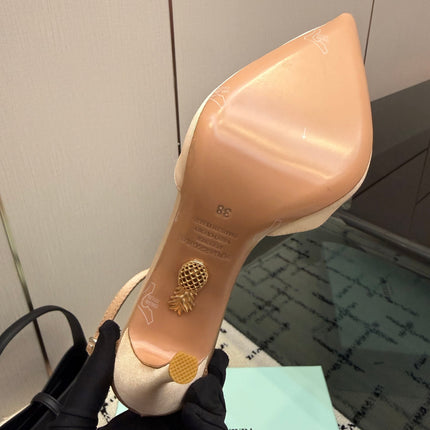AQUAZZURA 26S POINTED-TOE PUMPS 105 MM IN BEIGE SATIN