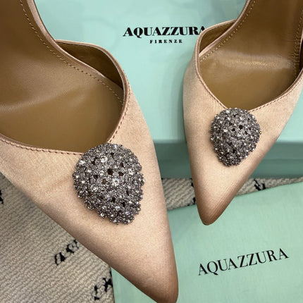 AQUAZZURA 26S POINTED-TOE PUMPS 105 MM IN BEIGE SATIN