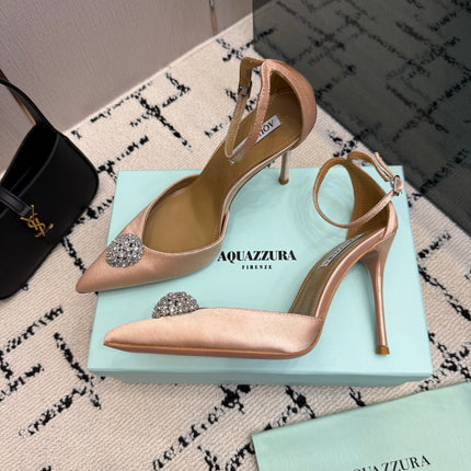 AQUAZZURA 26S POINTED-TOE PUMPS 105 MM IN BEIGE SATIN