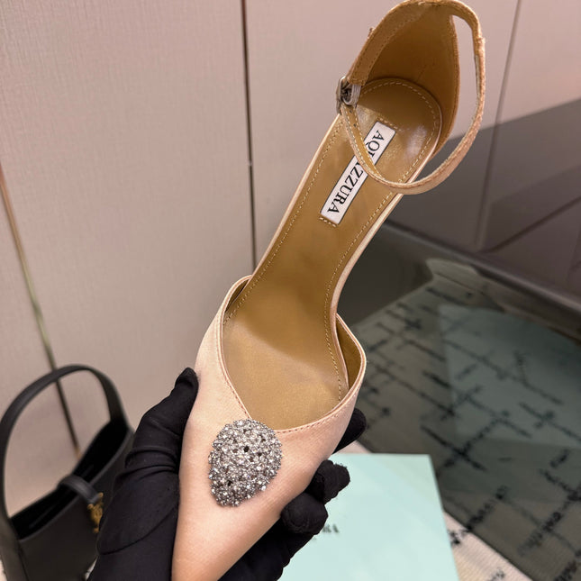 AQUAZZURA 26S POINTED-TOE PUMPS 105 MM IN BEIGE SATIN