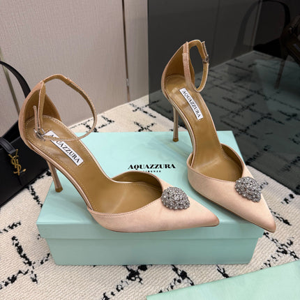 AQUAZZURA 26S POINTED-TOE PUMPS 105 MM IN BEIGE SATIN