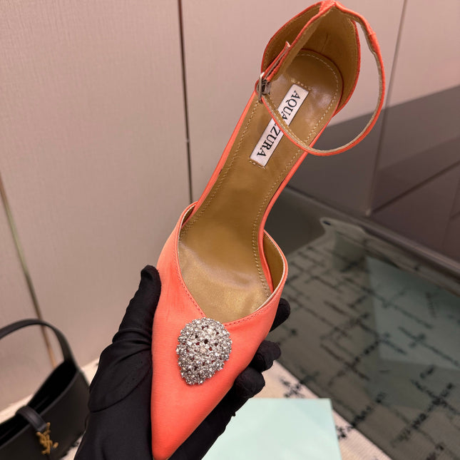 AQUAZZURA 26S POINTED-TOE PUMPS 105 MM IN LIGHT ORANGE SATIN
