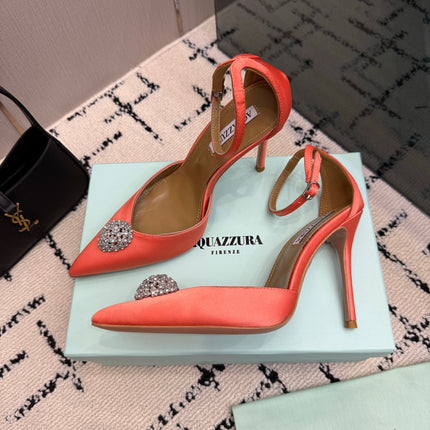 AQUAZZURA 26S POINTED-TOE PUMPS 105 MM IN LIGHT ORANGE SATIN