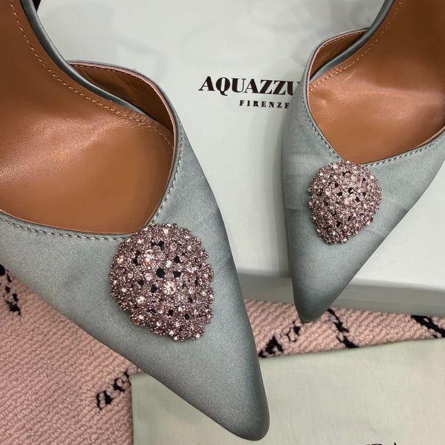 AQUAZZURA 26S POINTED-TOE PUMPS 105 MM IN MINT GREEN SATIN