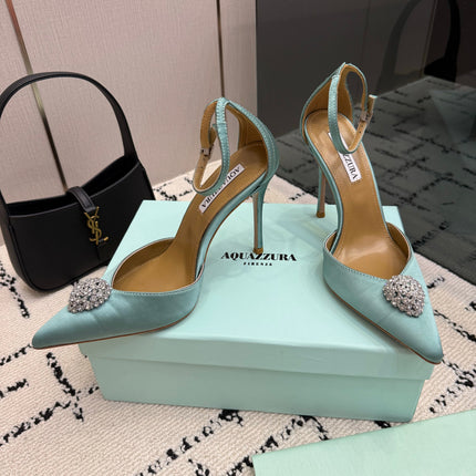 AQUAZZURA 26S POINTED-TOE PUMPS 105 MM IN MINT GREEN SATIN