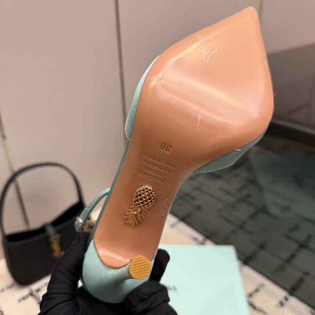 AQUAZZURA 26S POINTED-TOE PUMPS 105 MM IN MINT GREEN SATIN