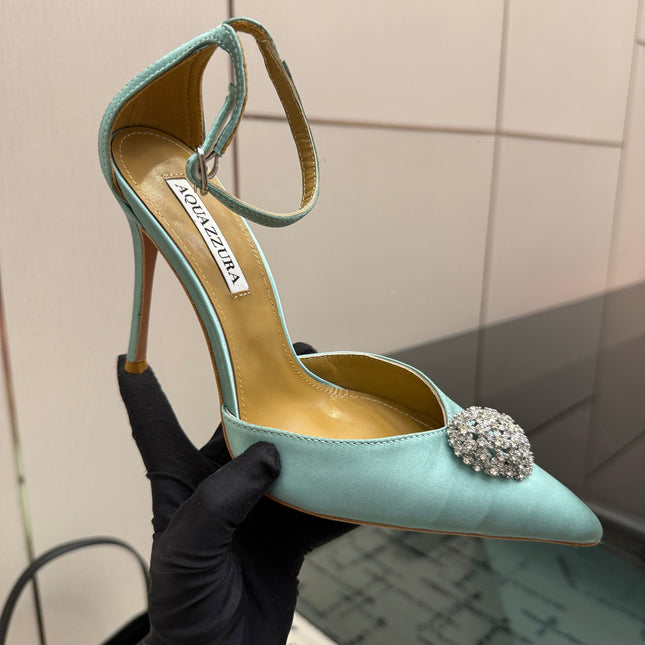 AQUAZZURA 26S POINTED-TOE PUMPS 105 MM IN MINT GREEN SATIN