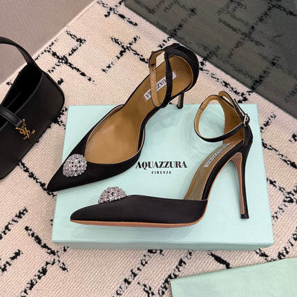 AQUAZZURA 26S POINTED-TOE PUMPS 105 MM IN BLACK SATIN