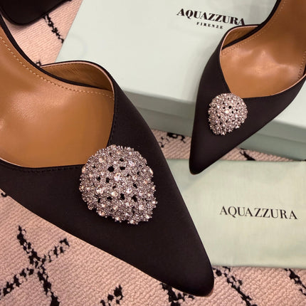 AQUAZZURA 26S POINTED-TOE PUMPS 105 MM IN BLACK SATIN
