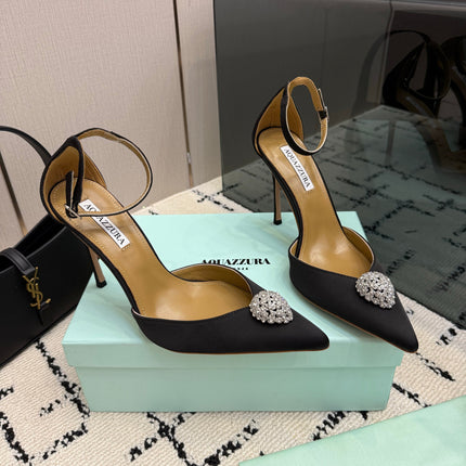 AQUAZZURA 26S POINTED-TOE PUMPS 105 MM IN BLACK SATIN