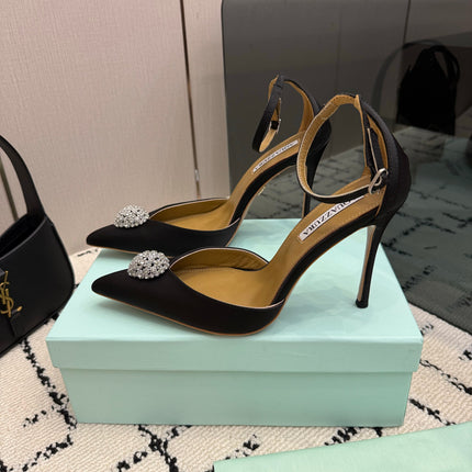 AQUAZZURA 26S POINTED-TOE PUMPS 105 MM IN BLACK SATIN