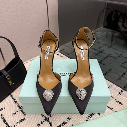 AQUAZZURA 26S POINTED-TOE PUMPS 105 MM IN BLACK SATIN