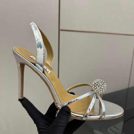 AQUAZZURA 26S STRAPPY HEELS 105 MM IN SILVER CALFSKIN