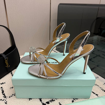 AQUAZZURA 26S STRAPPY HEELS 105 MM IN SILVER CALFSKIN