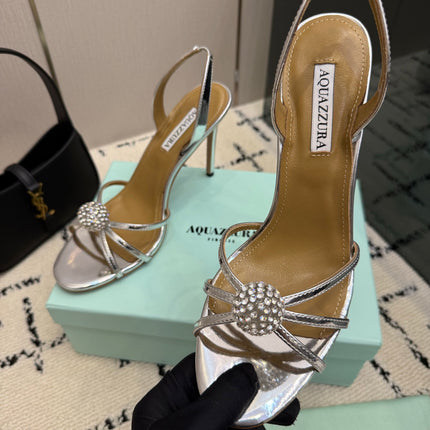 AQUAZZURA 26S STRAPPY HEELS 105 MM IN SILVER CALFSKIN