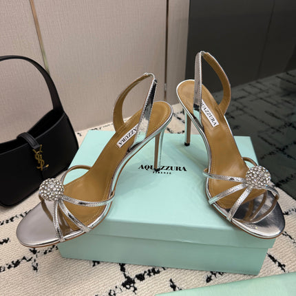 AQUAZZURA 26S STRAPPY HEELS 105 MM IN SILVER CALFSKIN