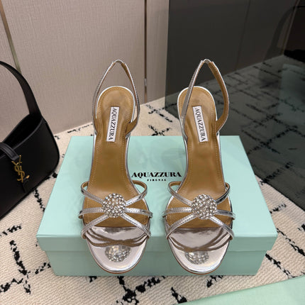 AQUAZZURA 26S STRAPPY HEELS 105 MM IN SILVER CALFSKIN