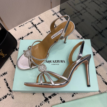 AQUAZZURA 26S STRAPPY HEELS 105 MM IN SILVER CALFSKIN