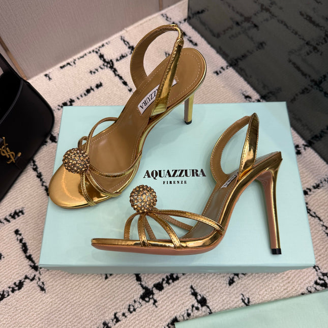AQUAZZURA 26S STRAPPY HEELS 105 MM IN GOLD CALFSKIN