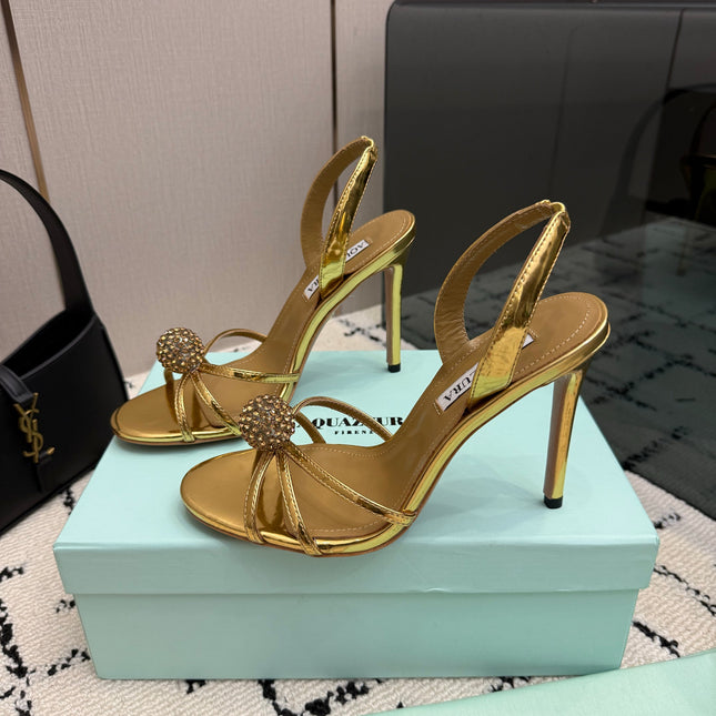AQUAZZURA 26S STRAPPY HEELS 105 MM IN GOLD CALFSKIN