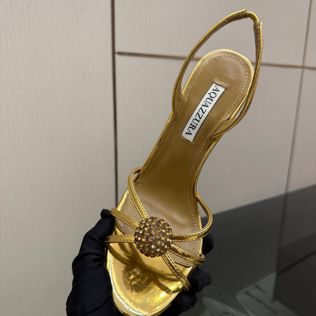 AQUAZZURA 26S STRAPPY HEELS 105 MM IN GOLD CALFSKIN