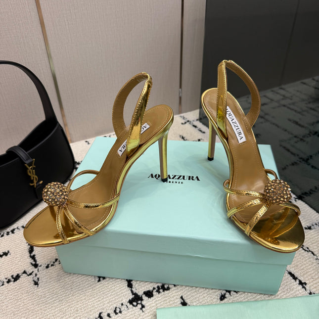 AQUAZZURA 26S STRAPPY HEELS 105 MM IN GOLD CALFSKIN
