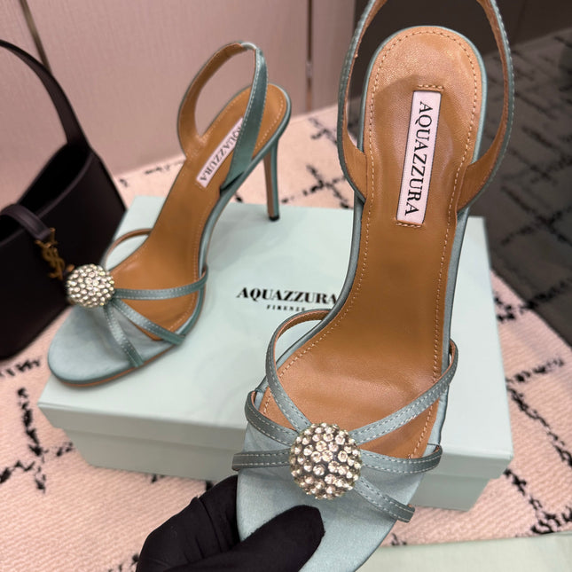 AQUAZZURA 26S STRAPPY HEELS 105 MM IN MINT GREEN SATIN