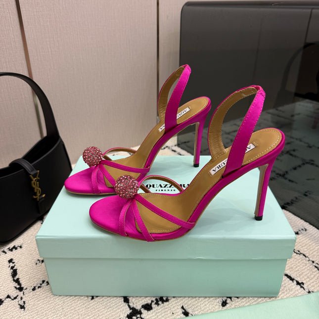 AQUAZZURA 26S STRAPPY HEELS 105 MM IN DARK PINK SATIN