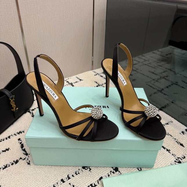 AQUAZZURA 26S STRAPPY HEELS 105 MM IN BLACK SATIN