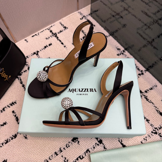 AQUAZZURA 26S STRAPPY HEELS 105 MM IN BLACK SATIN