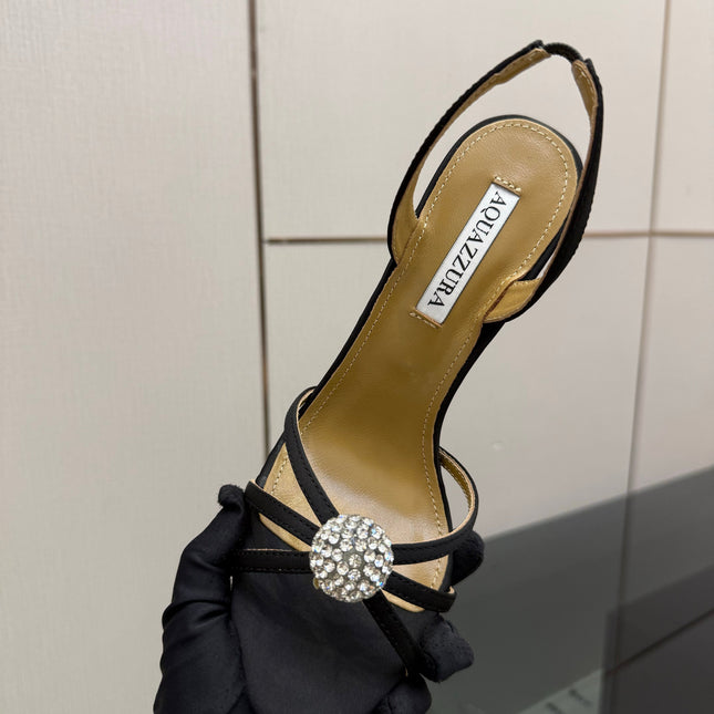 AQUAZZURA 26S STRAPPY HEELS 105 MM IN BLACK SATIN
