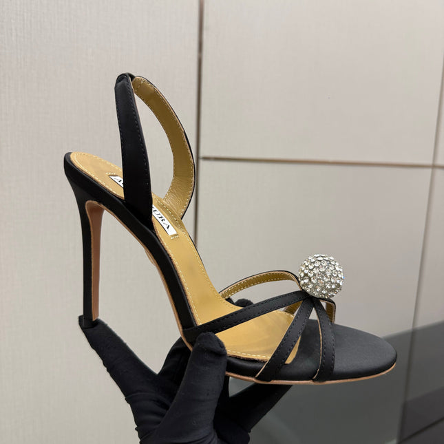 AQUAZZURA 26S STRAPPY HEELS 105 MM IN BLACK SATIN