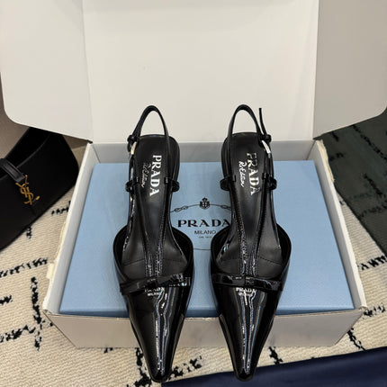PRADA 26S POINTED TOE SLINGBACK KITTEN HEELS IN BLACK PATENT CALFSKIN WITH BOW