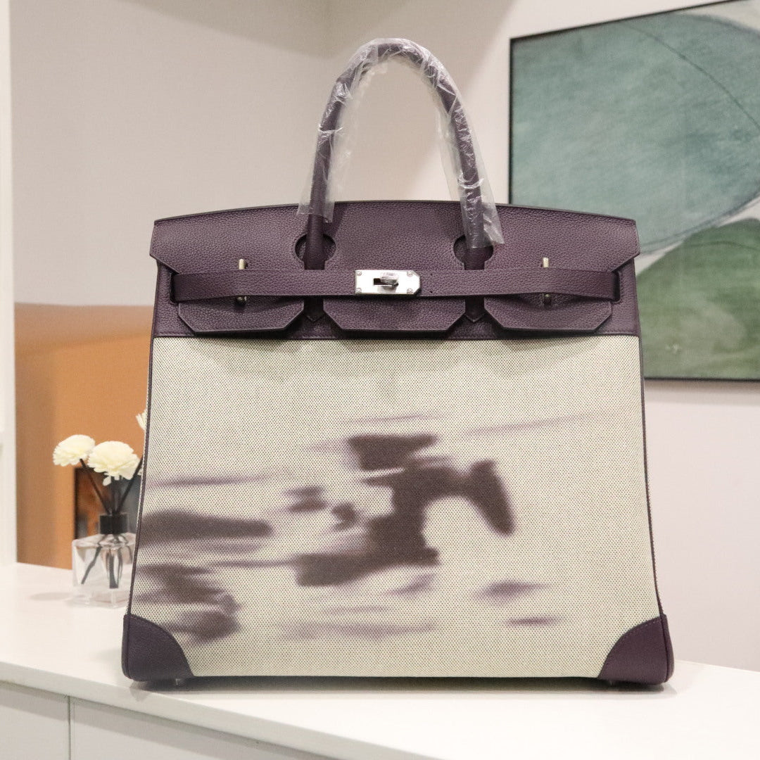 HM 25S BIRKIN 40 CM IN OFF-WHITE CANVAS AND PURPLE TOGO WITH SILVER HARDWARE