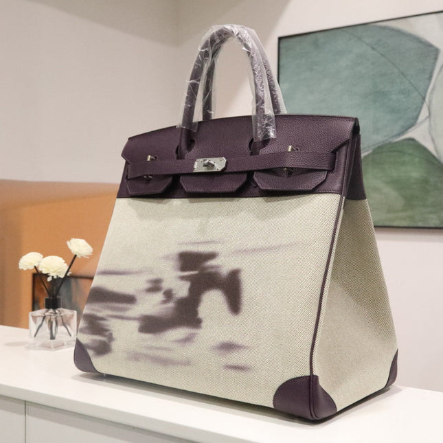 HM 25S BIRKIN 40 CM IN OFF-WHITE CANVAS AND PURPLE TOGO WITH SILVER HARDWARE