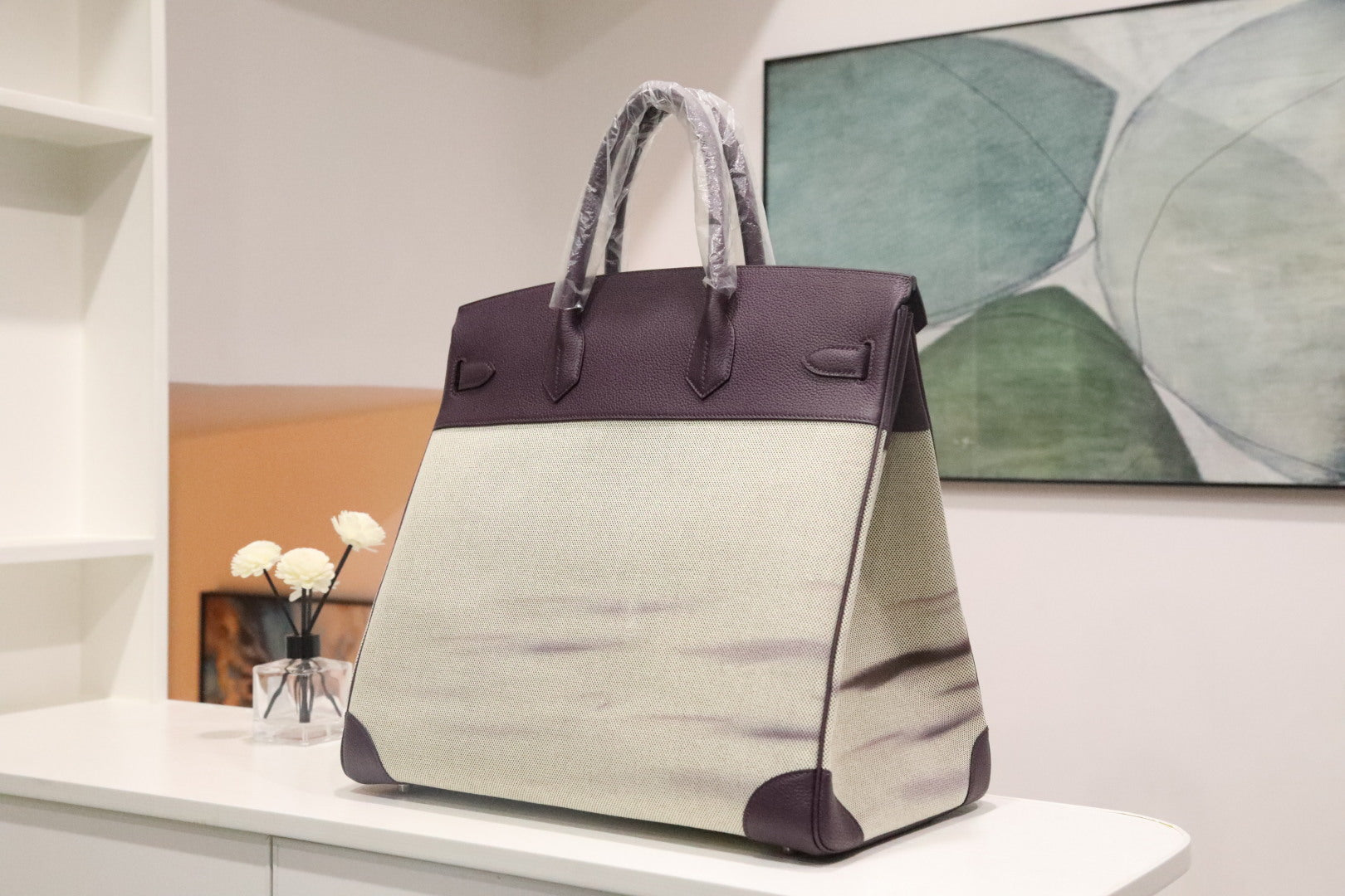 HM 25S BIRKIN 40 CM IN OFF-WHITE CANVAS AND PURPLE TOGO WITH SILVER HARDWARE