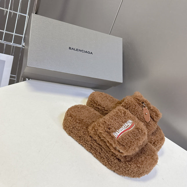 BALENCIAGA 25S SLIPPERS IN BROWN  FAUX SHEARLING