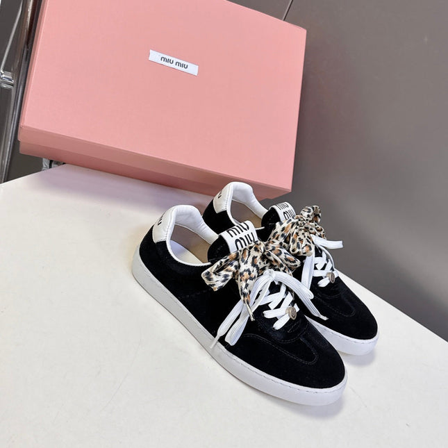 MIUMIU 25S SNEAKERS IN BLACK SUEDE WITH LEOPARD-PRINT LACES